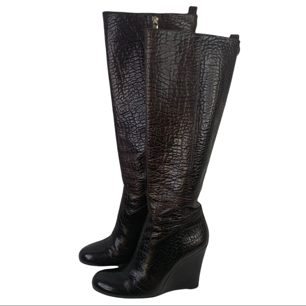 Tory Burch Dabney Brown Leather Wedge Knee High Boots 8